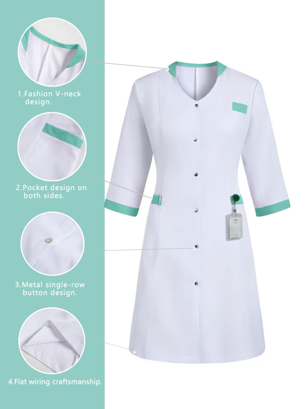 Επαγγελματικό ιατρικό φόρεμα νοσοκόμας με πολλαπλά τσέπες, ελεύθερη γραμμή, μακρύ μήκος (100 cm+), 100% πολυεστέρας