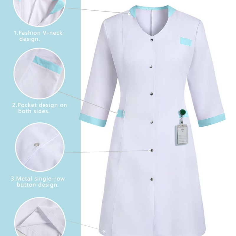 Επαγγελματικό ιατρικό φόρεμα νοσοκόμας με πολλαπλά τσέπες, ελεύθερη γραμμή, μακρύ μήκος (100 cm+), 100% πολυεστέρας