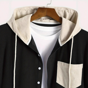 Мъжка риза в стил кардиган с патчворк цветни блокове, тясна кройка, дълъг ръкав, квадратно деколте