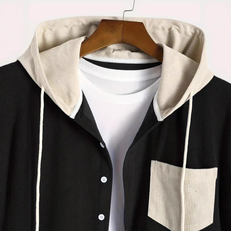 Мъжка риза в стил кардиган с патчворк цветни блокове, тясна кройка, дълъг ръкав, квадратно деколте