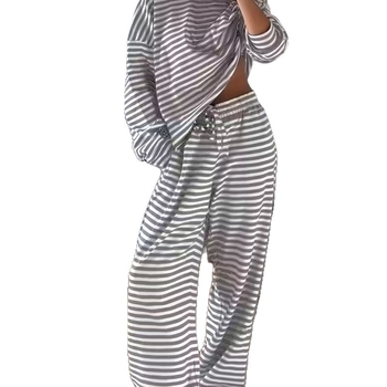 Γυναικείο δύο-τεμάχιο σετ casual με ρίγες: μακρυμάνικος τοπ με ρίγες και παντελόνια με ψηλή μέση, πολυεστέρας