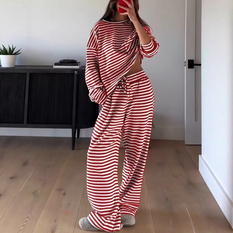 Γυναικείο δύο-τεμάχιο σετ casual με ρίγες: μακρυμάνικος τοπ με ρίγες και παντελόνια με ψηλή μέση, πολυεστέρας