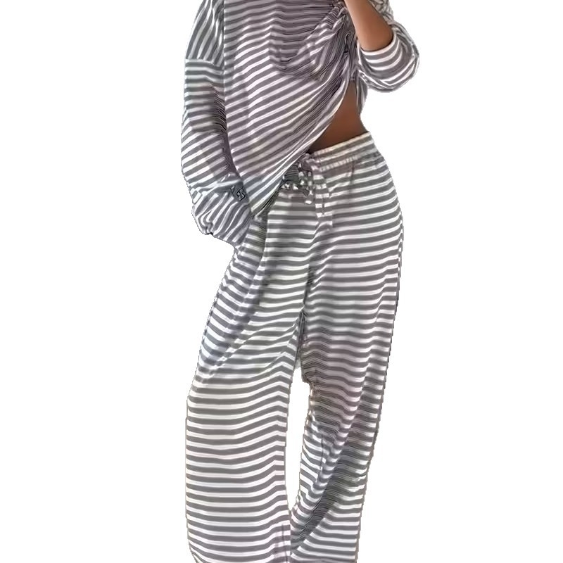 Γυναικείο δύο-τεμάχιο σετ casual με ρίγες: μακρυμάνικος τοπ με ρίγες και παντελόνια με ψηλή μέση, πολυεστέρας