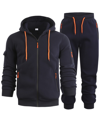 Мъжки 2-частен комплект суитшърт с качулка и цип, подплатен флийсом полиестер, свободна кройка