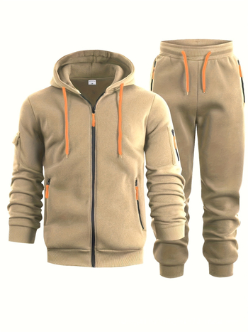 Мъжки 2-частен комплект суитшърт с качулка и цип, подплатен флийсом полиестер, свободна кройка
