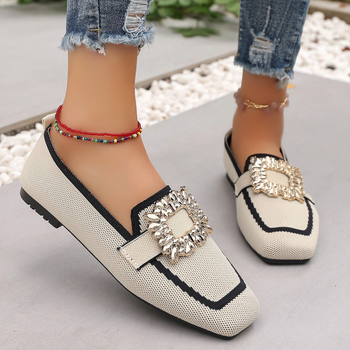 Slip-On loafers για καθημερινή χρήση, Fly Knit άνω μέρος, τετράγωνη μύτη, PU πάτος, εσωτερική επένδυση από μικροϊνες, χαμηλό τακούνι