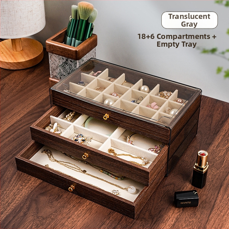 Riešutmedžio rašto juvelyrinių dėžuų daugiasluoksnis organizatorius, skirtas karoliai ir auskarams, didelė talpa, tris ar penkių sluoksnių dizainas