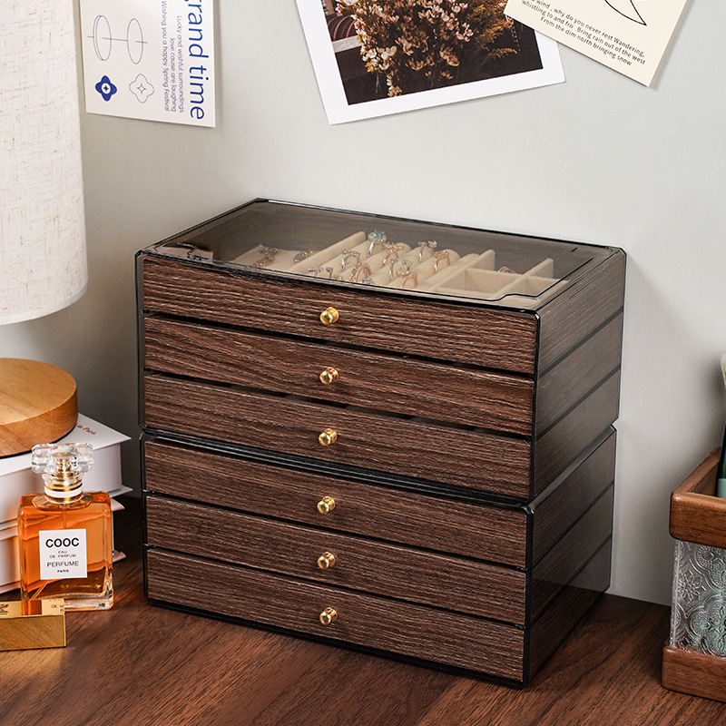 Riešutmedžio rašto juvelyrinių dėžuų daugiasluoksnis organizatorius, skirtas karoliai ir auskarams, didelė talpa, tris ar penkių sluoksnių dizainas