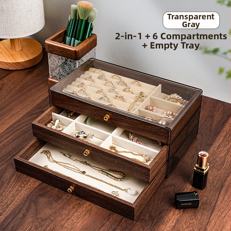 Riešutmedžio rašto juvelyrinių dėžuų daugiasluoksnis organizatorius, skirtas karoliai ir auskarams, didelė talpa, tris ar penkių sluoksnių dizainas