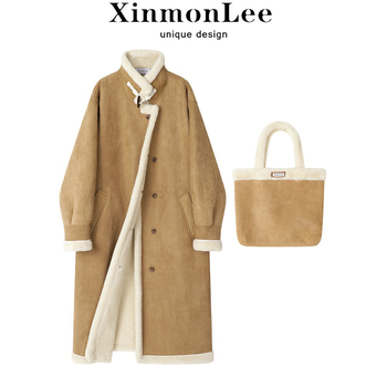 Chenille paltas su kailio apykakle, japonų-korejiečių kasdienis stilius, ilgos rankovės, rauklių atsparus paviršius