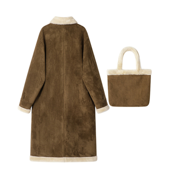 Chenille paltas su kailio apykakle, japonų-korejiečių kasdienis stilius, ilgos rankovės, rauklių atsparus paviršius