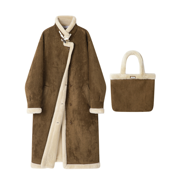 Chenille paltas su kailio apykakle, japonų-korejiečių kasdienis stilius, ilgos rankovės, rauklių atsparus paviršius