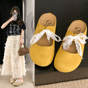 Γυναικείες παντόφλες με δαντελένιο φιόγκο και κλειστό μπροστινό μέρος – Κορεατικό στυλ; Πλέγμα επάνω μέρος; Επένδυση από συνθετικό δέρμα; Σόλα από καουτσούκ; Επίπεδη φτέρνα