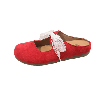 Γυναικείες παντόφλες με δαντελένιο φιόγκο και κλειστό μπροστινό μέρος – Κορεατικό στυλ; Πλέγμα επάνω μέρος; Επένδυση από συνθετικό δέρμα; Σόλα από καουτσούκ; Επίπεδη φτέρνα