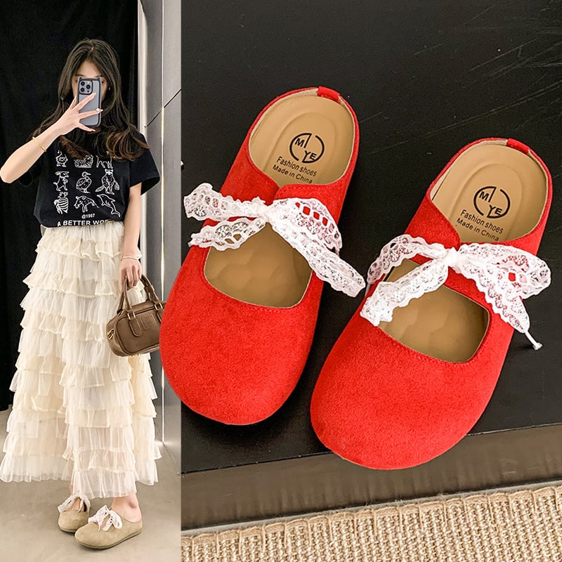 Γυναικείες παντόφλες με δαντελένιο φιόγκο και κλειστό μπροστινό μέρος – Κορεατικό στυλ; Πλέγμα επάνω μέρος; Επένδυση από συνθετικό δέρμα; Σόλα από καουτσούκ; Επίπεδη φτέρνα