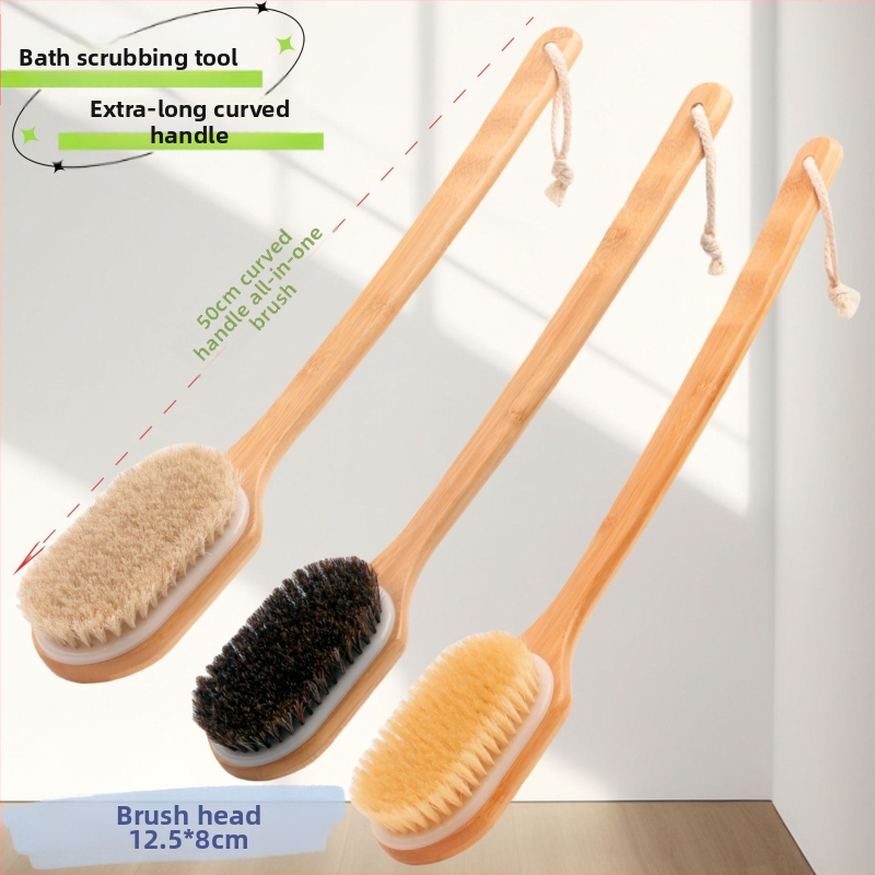 Четка за душ и масаж с дълга извита бамбукова дръжка — четина от конска коса за масаж на гърба (за възрастни, пакет от 100)