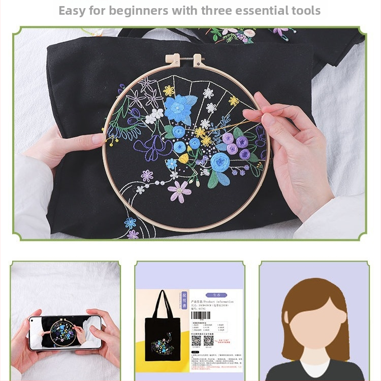 Τσάντα καμβά με κέντημα Su - κιτ αρχάριου χειροκεντήματος περιλαμβάνεται, κάτω και πλαϊνά πάνελ, προσαρμόσιμο, μεταξοτυπία