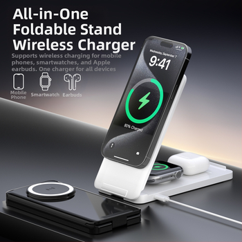 Bezvadu magnētiskais lādētājs ar saliekamu vertikālu statīvu telefoniem, pulksteņiem un Apple austiņām - 15W QC2.0