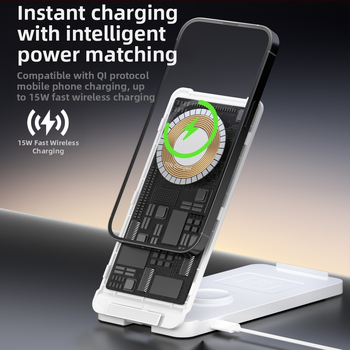 Ασύρματος μαγνητικός φορτιστής με πτυσσόμενο κάθετο στήριγμα για κινητά, ρολόγια και Apple ακουστικά - 15W QC2.0