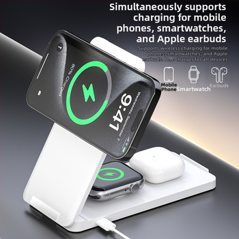Ασύρματος μαγνητικός φορτιστής με πτυσσόμενο κάθετο στήριγμα για κινητά, ρολόγια και Apple ακουστικά - 15W QC2.0