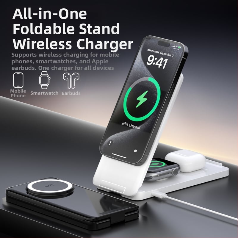 Ασύρματος μαγνητικός φορτιστής με πτυσσόμενο κάθετο στήριγμα για κινητά, ρολόγια και Apple ακουστικά - 15W QC2.0