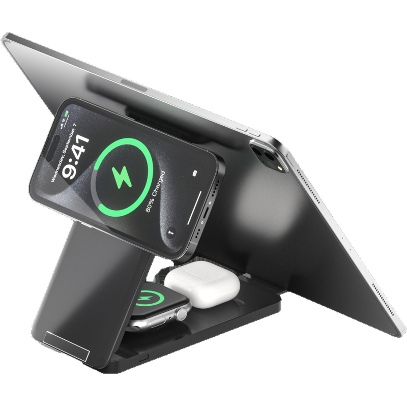 Bezvadu magnētiskais lādētājs ar saliekamu vertikālu statīvu telefoniem, pulksteņiem un Apple austiņām - 15W QC2.0