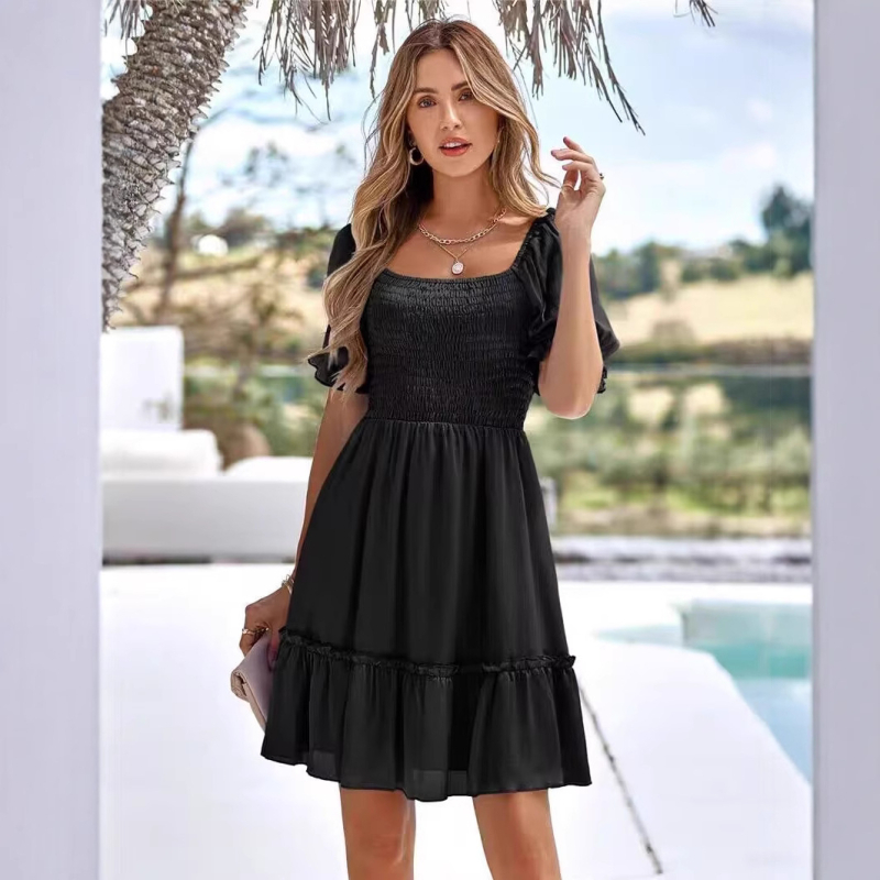 Rochie cu stil de pulover, mâneci lungi, talie înaltă, fustă cu volane, guler cu croială înaltă