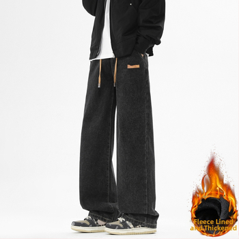 Мъжки дънки в американски стил, деним с права кройка, ниска талия, подплата от полар, цип, измит деним