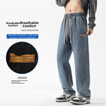 Мъжки дънки в американски стил, деним с права кройка, ниска талия, подплата от полар, цип, измит деним