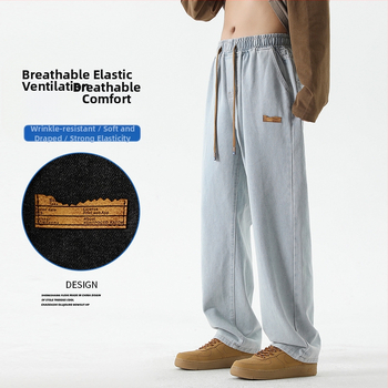 Мъжки дънки в американски стил, деним с права кройка, ниска талия, подплата от полар, цип, измит деним