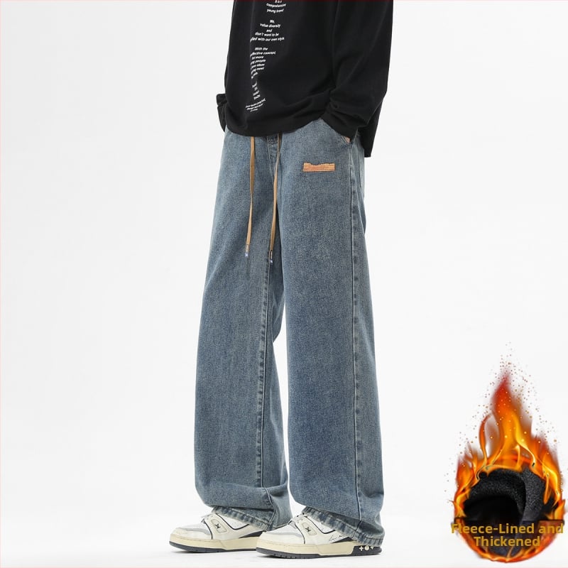 Ανδρικά τζίνς σε αμερικανικό στυλ, ίσια γραμμή, ντένιμ με φλίς επένδυση, χαμηλή μέση, φερμουάρ, πλυμένο φινίρισμα