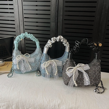 Γυναικεία τσάντα box από denim με στρας και πλισέ, ιμάντας crossbody – μοντέρνο καθημερινό στυλ, επένδυση πολυεστέρα, αναπνέουσα και ανθεκτική