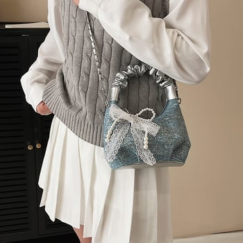 Γυναικεία τσάντα box από denim με στρας και πλισέ, ιμάντας crossbody – μοντέρνο καθημερινό στυλ, επένδυση πολυεστέρα, αναπνέουσα και ανθεκτική