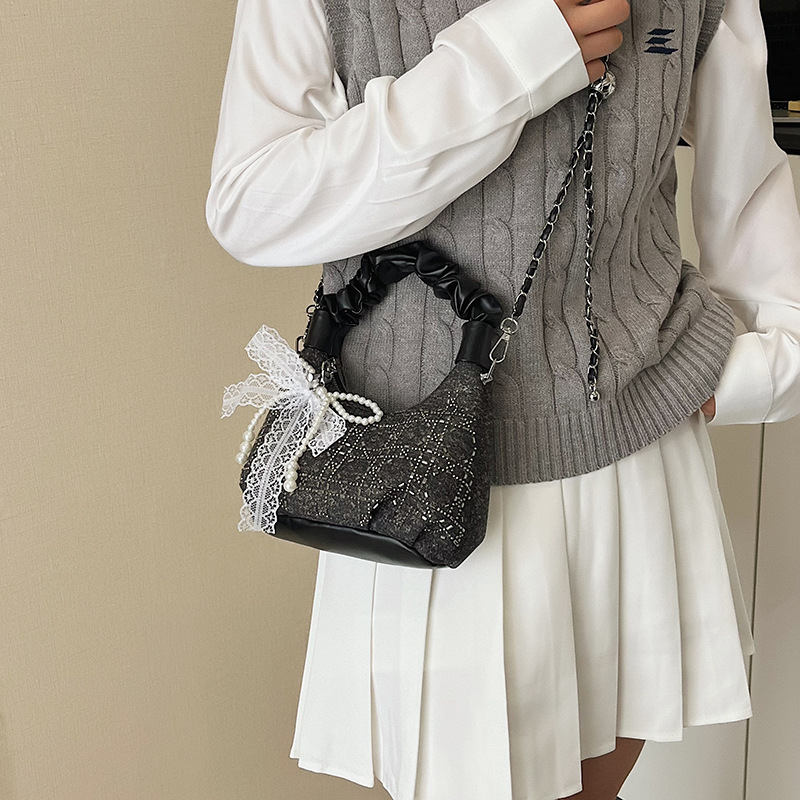 Γυναικεία τσάντα box από denim με στρας και πλισέ, ιμάντας crossbody – μοντέρνο καθημερινό στυλ, επένδυση πολυεστέρα, αναπνέουσα και ανθεκτική