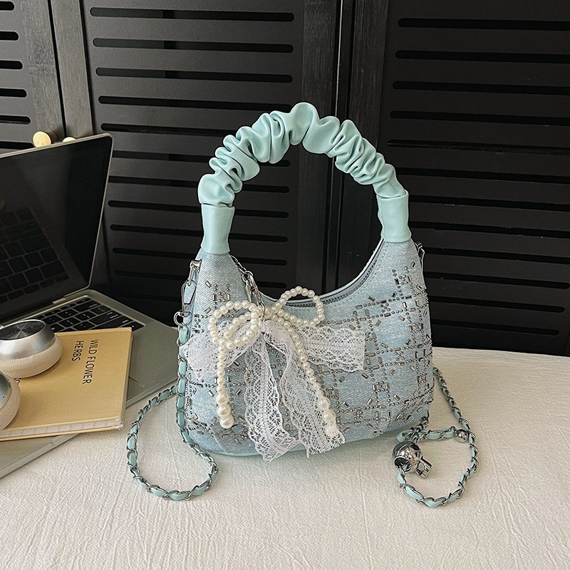 Γυναικεία τσάντα box από denim με στρας και πλισέ, ιμάντας crossbody – μοντέρνο καθημερινό στυλ, επένδυση πολυεστέρα, αναπνέουσα και ανθεκτική