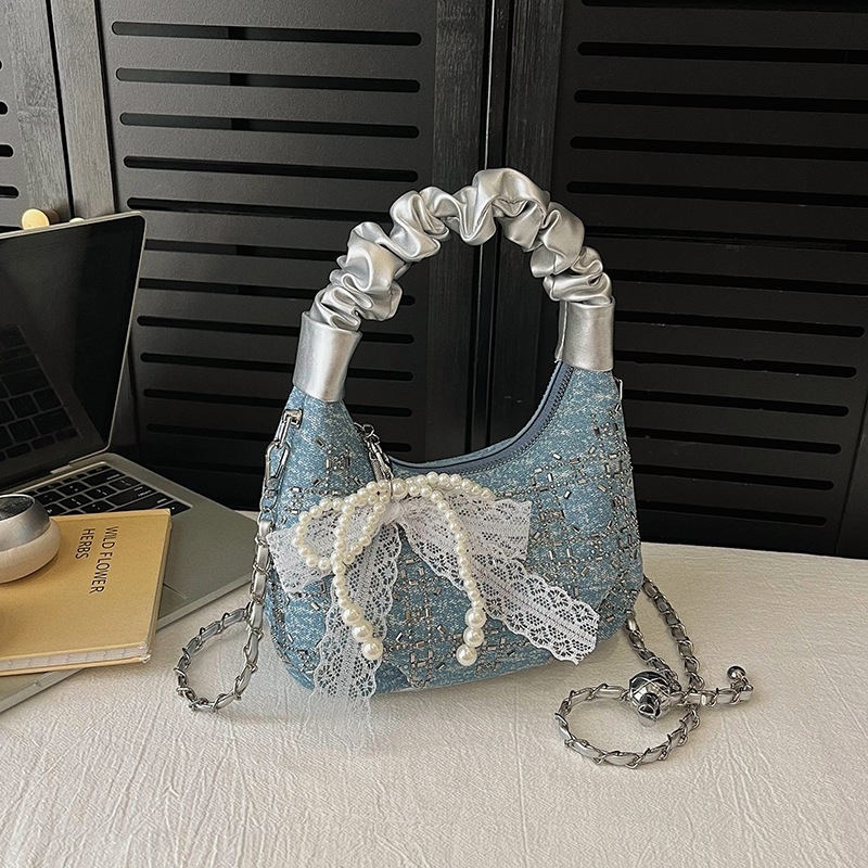 Γυναικεία τσάντα box από denim με στρας και πλισέ, ιμάντας crossbody – μοντέρνο καθημερινό στυλ, επένδυση πολυεστέρα, αναπνέουσα και ανθεκτική