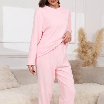 Γυναικείο σετ πιτζάμας από φλις κοραλλί, στρογγυλός λαιμός, μακριά μανίκια, μακριές παντελόνες, μεσαίο πάχος 161-180 g/m2, χειμώνας