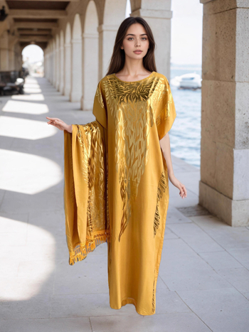 Μακρύ φόρεμα από βισκόζη με σετ φουλάρι, μανίκια batwing, μανίκι 3/4, χρυσή στάμπα, 95% βισκόζη, εθνο-φυλετικό street style.