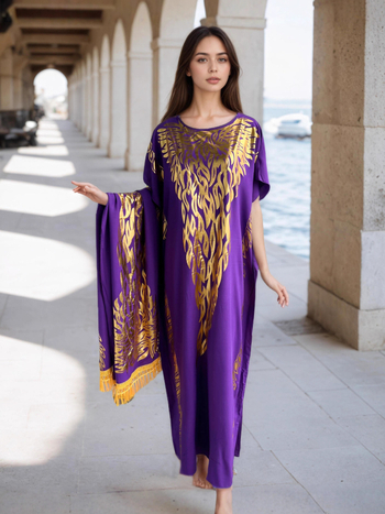 Μακρύ φόρεμα από βισκόζη με σετ φουλάρι, μανίκια batwing, μανίκι 3/4, χρυσή στάμπα, 95% βισκόζη, εθνο-φυλετικό street style.