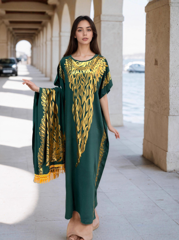 Μακρύ φόρεμα από βισκόζη με σετ φουλάρι, μανίκια batwing, μανίκι 3/4, χρυσή στάμπα, 95% βισκόζη, εθνο-φυλετικό street style.