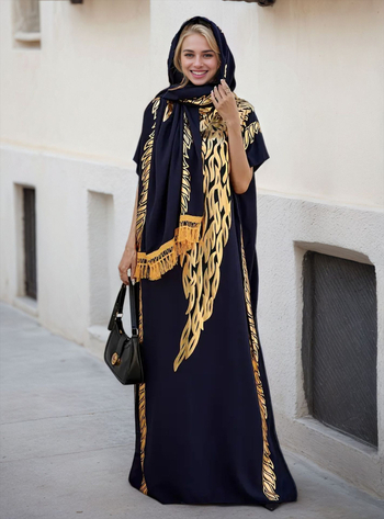 Μακρύ φόρεμα από βισκόζη με σετ φουλάρι, μανίκια batwing, μανίκι 3/4, χρυσή στάμπα, 95% βισκόζη, εθνο-φυλετικό street style.