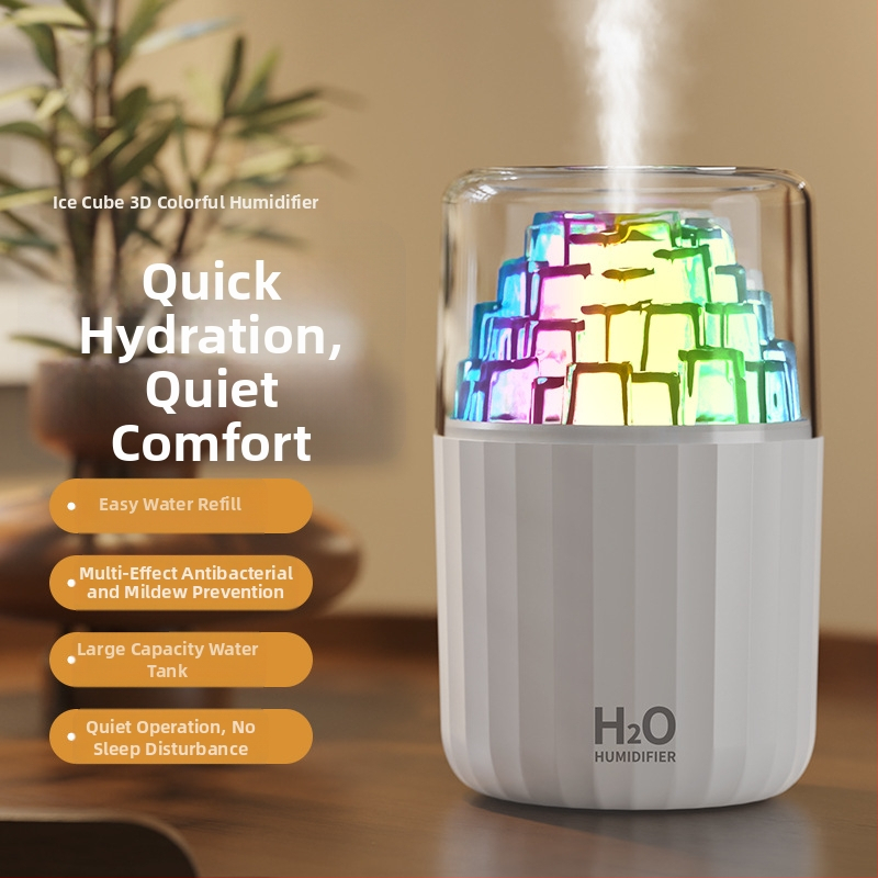 USB овлажнител с LED лампа под формата на ледено кубче, 3D многоцветна атмосфера, ароматерапия, покритие 10–20 м², резервоар <0,5 л, таймер 2–8 ч