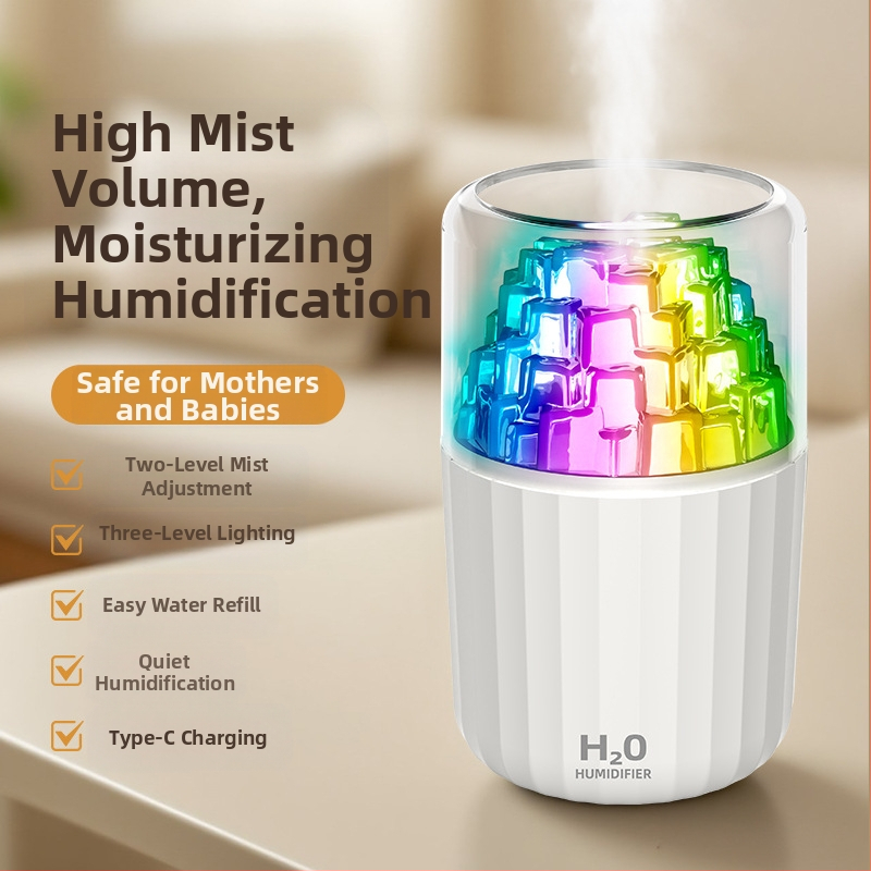 USB овлажнител с LED лампа под формата на ледено кубче, 3D многоцветна атмосфера, ароматерапия, покритие 10–20 м², резервоар <0,5 л, таймер 2–8 ч