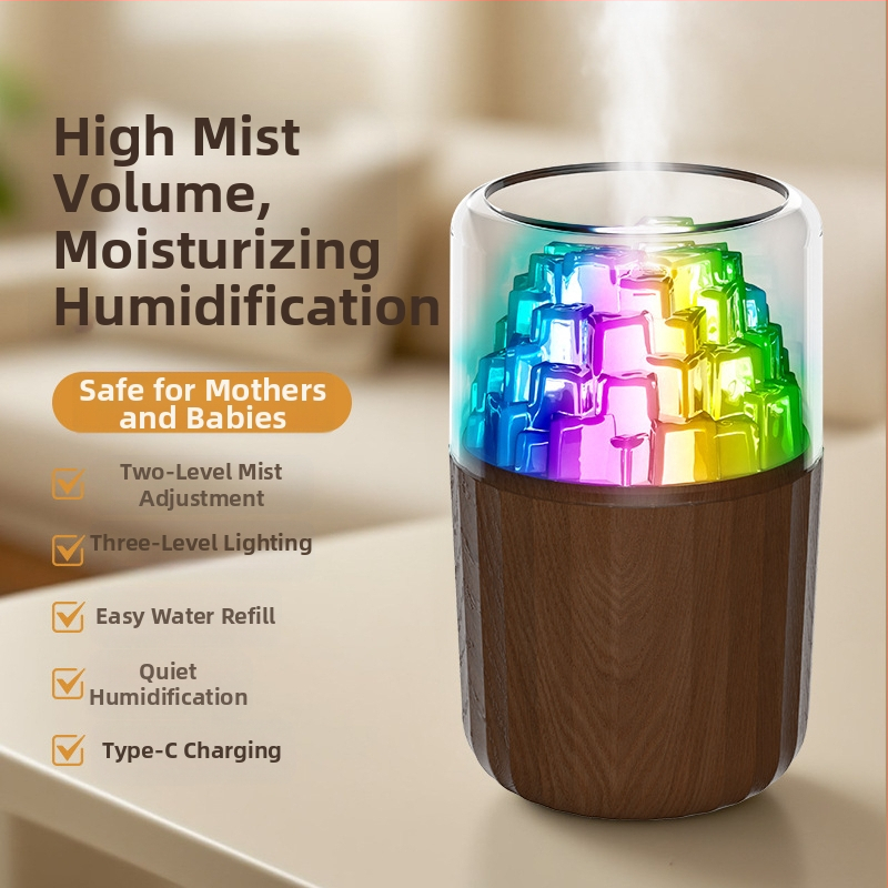 USB овлажнител с LED лампа под формата на ледено кубче, 3D многоцветна атмосфера, ароматерапия, покритие 10–20 м², резервоар <0,5 л, таймер 2–8 ч