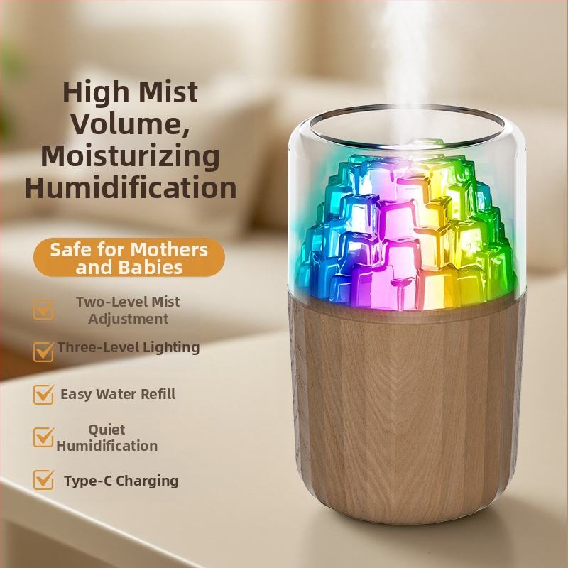 USB овлажнител с LED лампа под формата на ледено кубче, 3D многоцветна атмосфера, ароматерапия, покритие 10–20 м², резервоар <0,5 л, таймер 2–8 ч