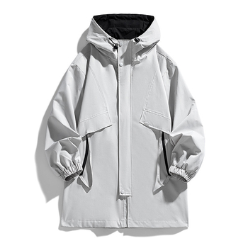 Geacă cu glugă pentru bărbați, lungime medie, croială lejeră, buzunare cu fermoar, poliester.