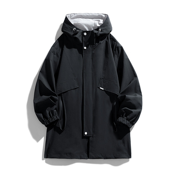 Ανδρικό μπουφάν με κουκούλα, μεσαίου μήκους, χαλαρή γραμμή, τσέπες με φερμουάρ, πολυεστέρας.