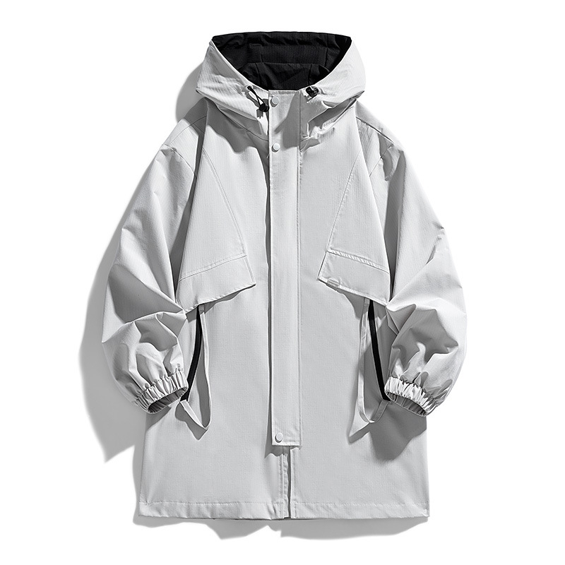 Geacă cu glugă pentru bărbați, lungime medie, croială lejeră, buzunare cu fermoar, poliester.