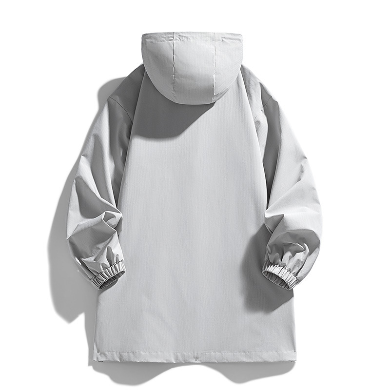 Geacă cu glugă pentru bărbați, lungime medie, croială lejeră, buzunare cu fermoar, poliester.