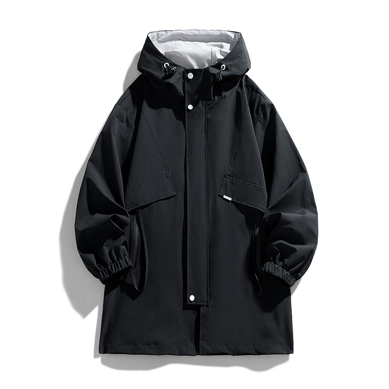 Geacă cu glugă pentru bărbați, lungime medie, croială lejeră, buzunare cu fermoar, poliester.